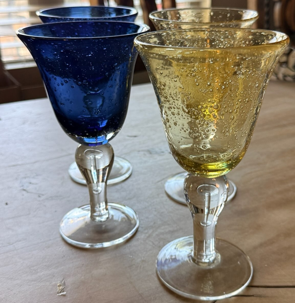 Set of 4 Artland Iris Hand Blown Bubble Glasses Cobalt Blue & Amber